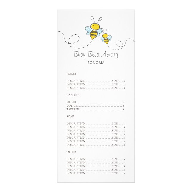 Carte Publicitaire Whimsical Honey Bees Apiary Beekeeper Tarifs (Devant)