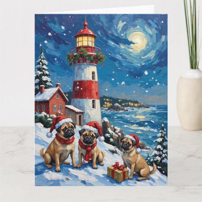 Carte Pug Christmas Lighthouse Holiday (Devant)