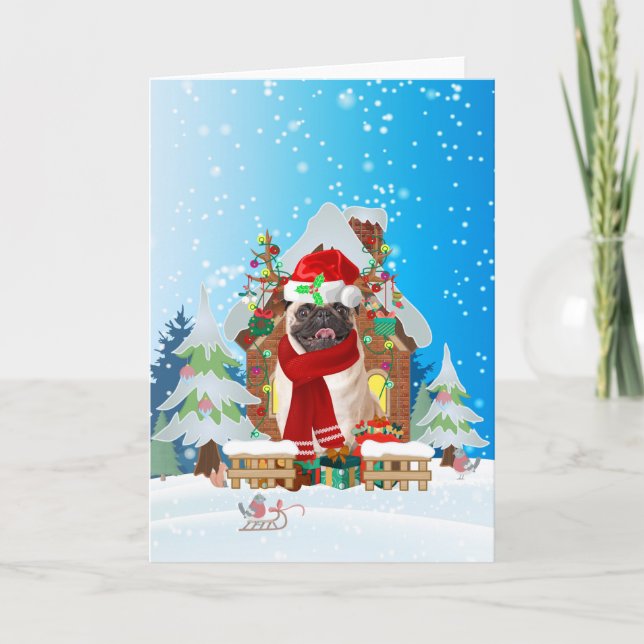 Carte Pug dans la neige avec des cadeaux de Noël  (Devant)