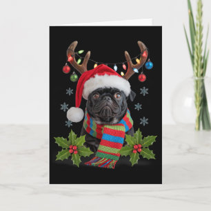 Carte Pug de Noël avec bois de cerf Chapeau de Père Noël