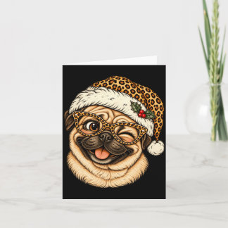 Carte Pug de Noël drôle avec un chapeau de Père Noël léo
