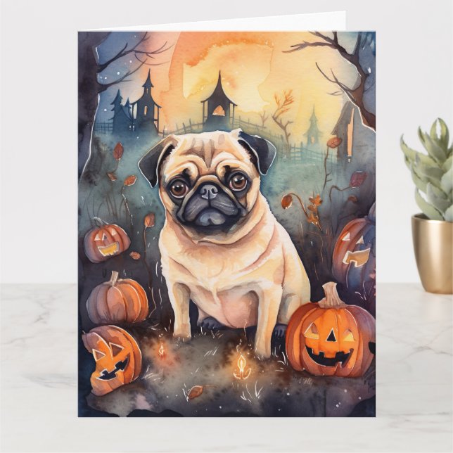 Carte Pug d'Halloween avec citrouilles effrayant (Petite plante)