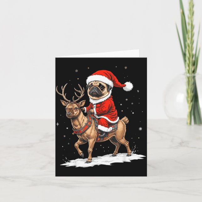 Carte Pug Santa Riding Reindeer Christmas Holiday Puppy  (Devant)