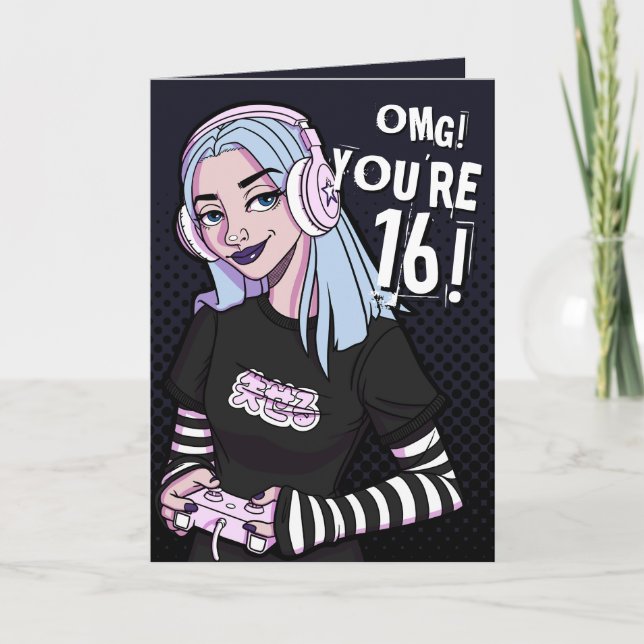 Carte Punk Gamer Ado fille Noir 16e anniversaire (Devant)