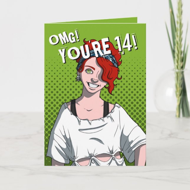 Carte Punk Redhead Ado Girl Green 14e anniversaire (Devant)