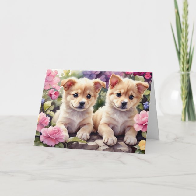 Carte Puppies cuter dans l'aquarelle du jardin fleuri (Devant)
