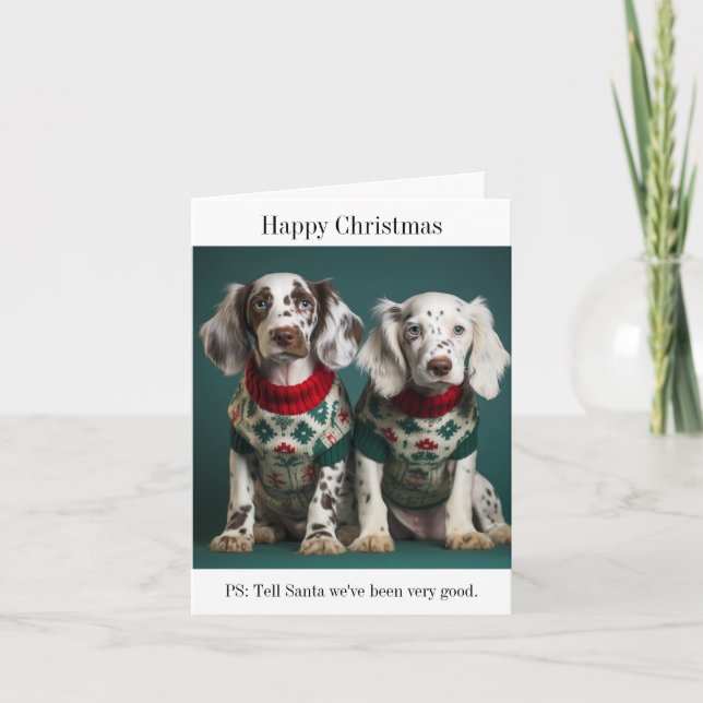 Carte Puppies de Setter anglais dans les pulls de Noël (Devant)