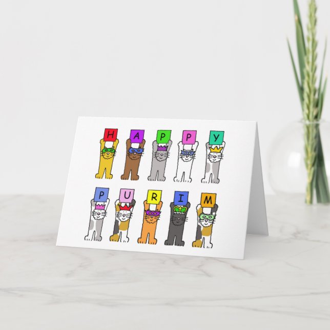 Carte Purim heureux, chats de bande dessinée dans les (Devant)