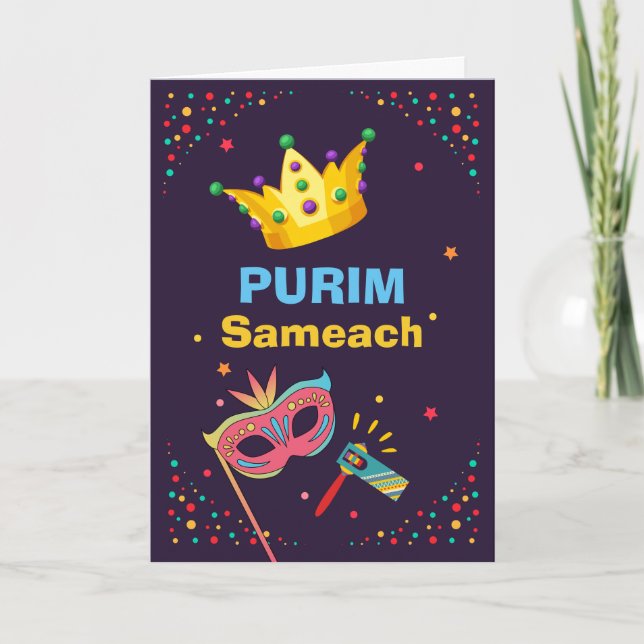Carte Purim Sameach Festive Masque et faiseur de bruit (Devant)