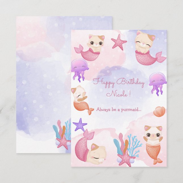 Carte Purmaid chat sirène mignonne fille heureux anniver (Devant / Derrière)