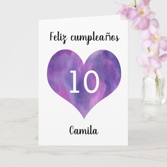 Carte Purple Aquarelle Coeur Espagnol 10ème Anniversaire (Orchidée)