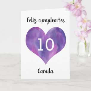 Carte Purple Aquarelle Coeur Espagnol 10ème Anniversaire