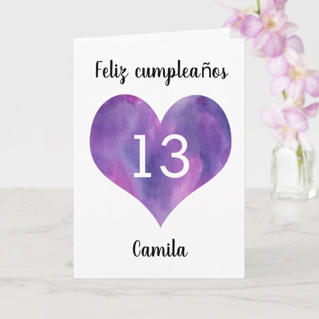 Carte Purple Aquarelle Coeur Espagnol 13ème Anniversaire (Orchidée)