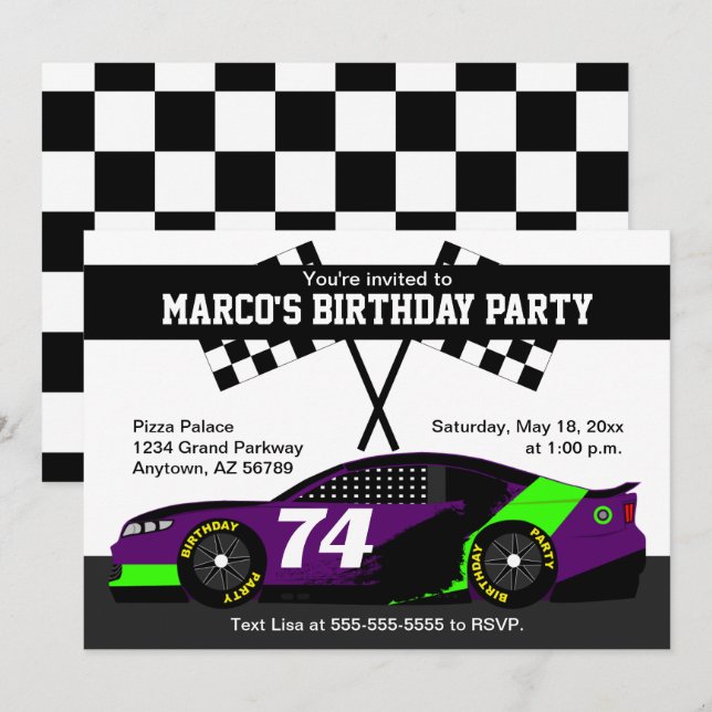 Carte Purple Black Green Race Voiture Anniversaire (Devant / Derrière)