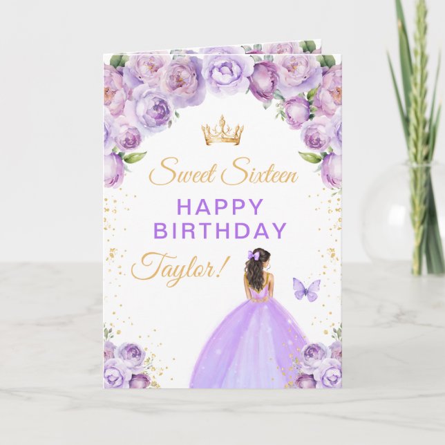 Carte Purple Brunette Cheveux fille Sweet sixteen annive (Devant)