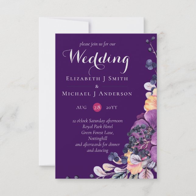 Carte Purple Dynasty Dark Floral Budget Mariage Invite (Devant)