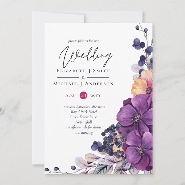 Carte Purple Dynasty Dark Floral Budget Mariage Invite (Devant)