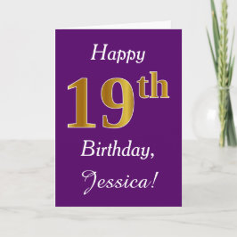 Carte Purple, Faux Gold 19e anniversaire + Nom personnal