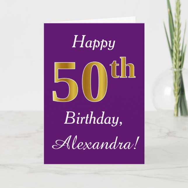 Carte Purple, Faux Gold 50e anniversaire + Nom personnal (Devant)