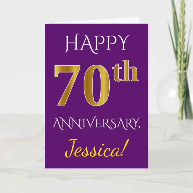 Carte Purple, Faux Gold 70e anniversaire Mariage + Nom (Devant)