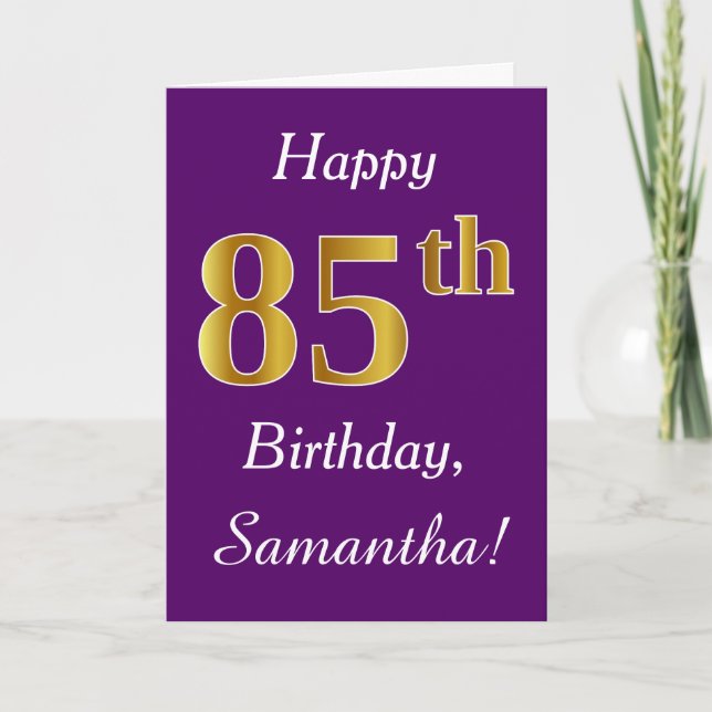 Carte Purple, Faux Gold 85e anniversaire + Nom personnal (Devant)