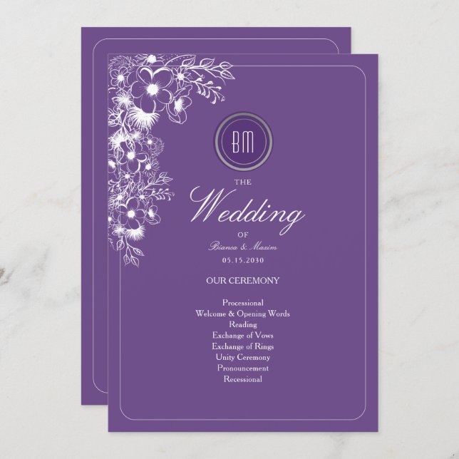 Carte Purple Floral Monogram Wedding Program (Devant / Derrière)