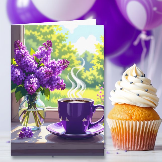 Carte Purple Lilacs et café Joyeux anniversaire fille (Créateur téléchargé)