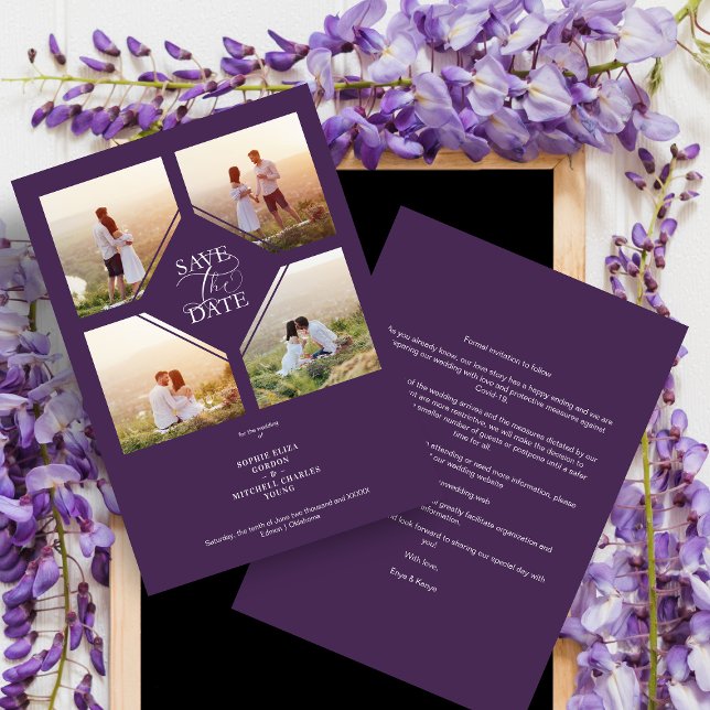 Carte Purple Minimalist Wedding Fancy 4 Photos Collage (Créateur téléchargé)