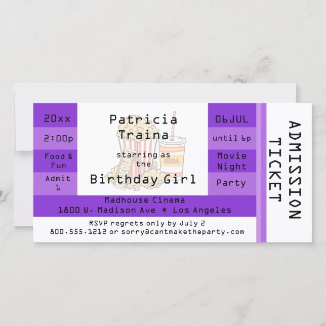 Carte Purple Movie Night Party Admission Billetterie Inv (Devant)