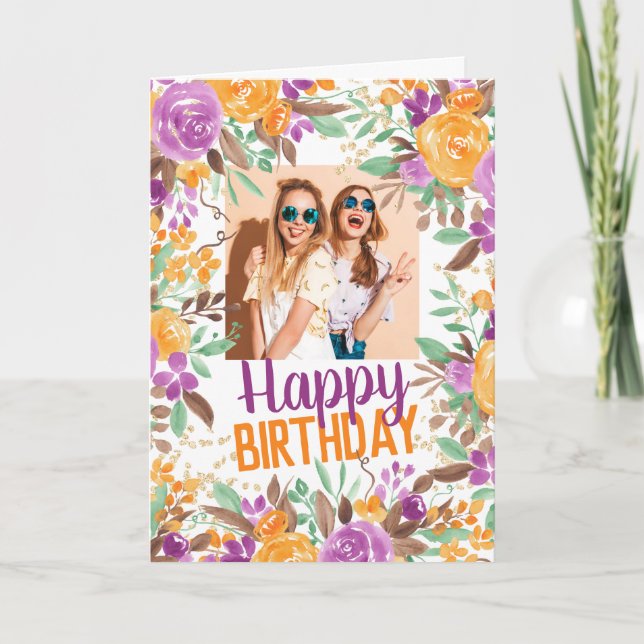 Carte Purple orange automne floral heureux d'anniversair (Devant)