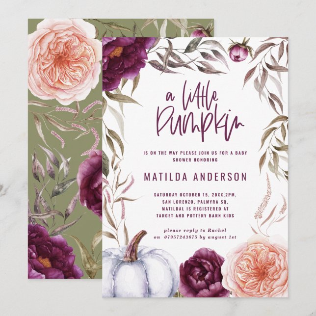 Carte Purple + pêche florale, citrouille baby shower de  (Devant / Derrière)