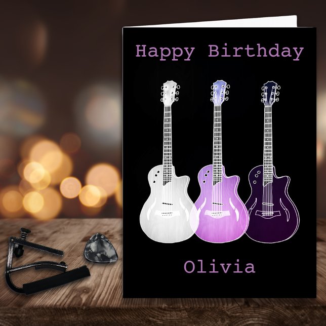 Carte Purple Pop Art Music Guitare Ajouter Nom Olivia (Cool pop art guitar pink and black custom happy birthday greetings card)