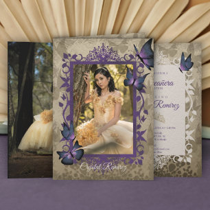 Carte Purple Vintage Butterfliflies Quinceanera Invite