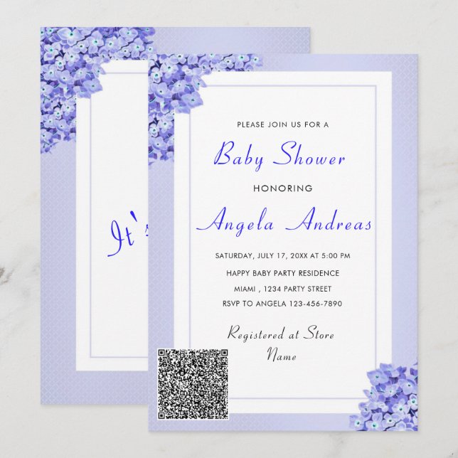 Carte QR Code Fleurs violettes Baby Girl Douche Invitati (Devant / Derrière)