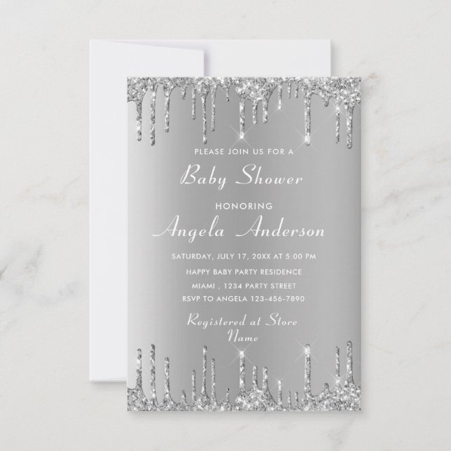 Carte QR Code Parties scintillant argent Baby Girl Showe (Devant)