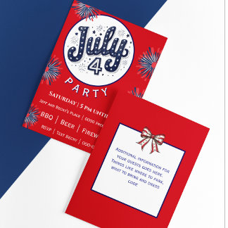 Carte Quatre juillet avec feux d'artifice en rouge blanc