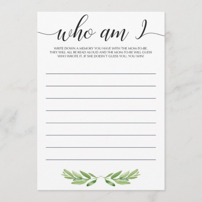 Carte Qui suis-je Baby shower Jeu Neutre Genre (Devant)