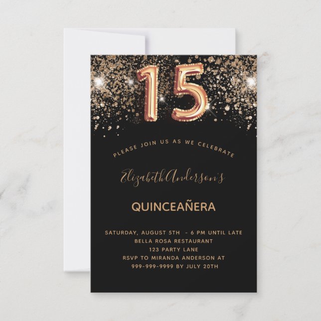 Carte Quinceanera anniversaire parties scintillant en or (Devant)