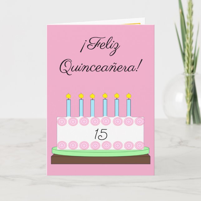 Carte Quinceañera en espagnol heureux : rose (Devant)