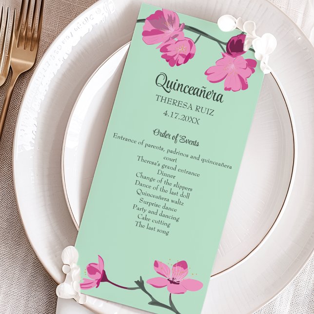 Carte Quinceanera en fleurs de cerisier rose et menthe v (Créateur téléchargé)