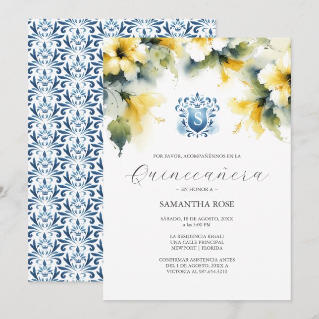 Carte Quinceanera florale jaune (Devant / Derrière)