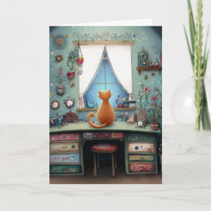Carte Quirky Orange Chat à une fenêtre Bonjour Salut