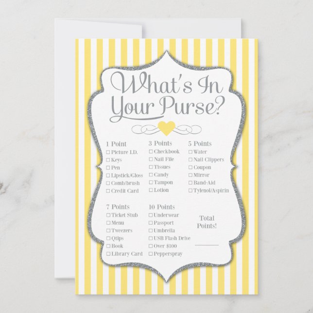 Carte Qu'y a-t-il dans votre sac Jeu Douche gris jaune (Devant)