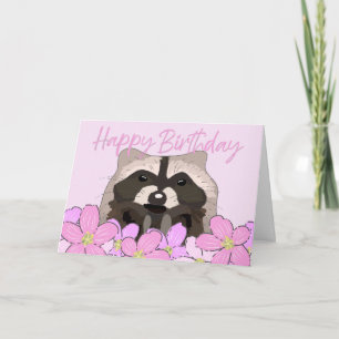 Carte Raccoon dans des fleurs roses jolies Anniversaire 