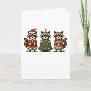 Carte Raccoons de Noël Costume de Père Noël Arbre Canne