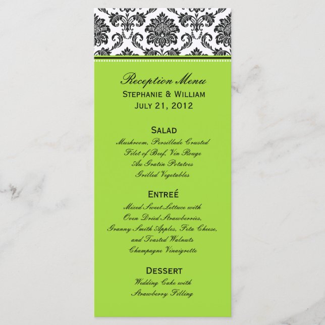 Carte rack Damask Green Mariage Menu (Devant)