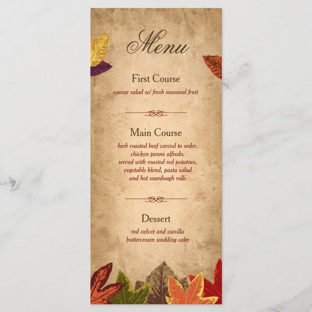 Carte rack du menu Mariage rustique | Thème Automn (Devant)