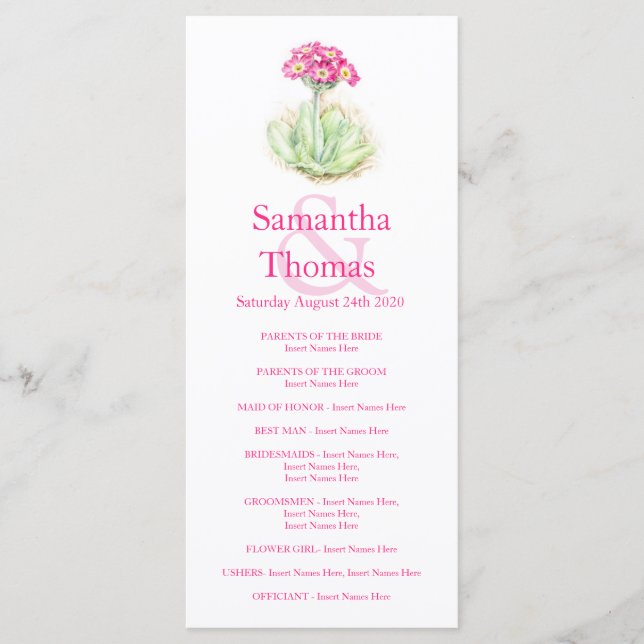 Carte rack du programme de mariage rose Primrose (Devant)