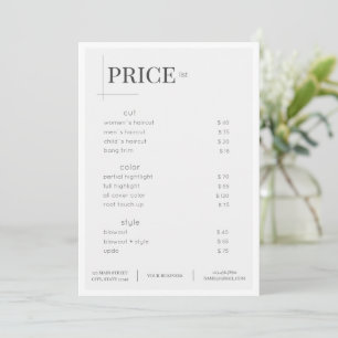 Carte Rack du tarif du salon de beauté blanche