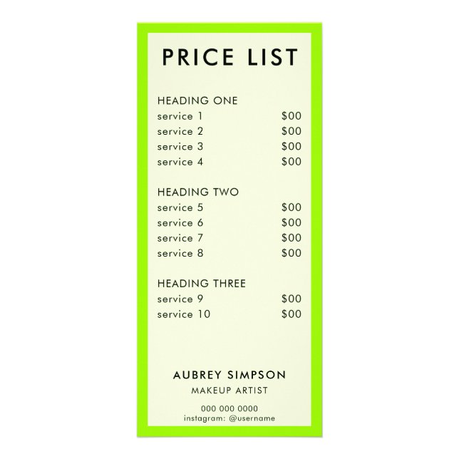 Carte rack Green Minimal Price List (Devant)